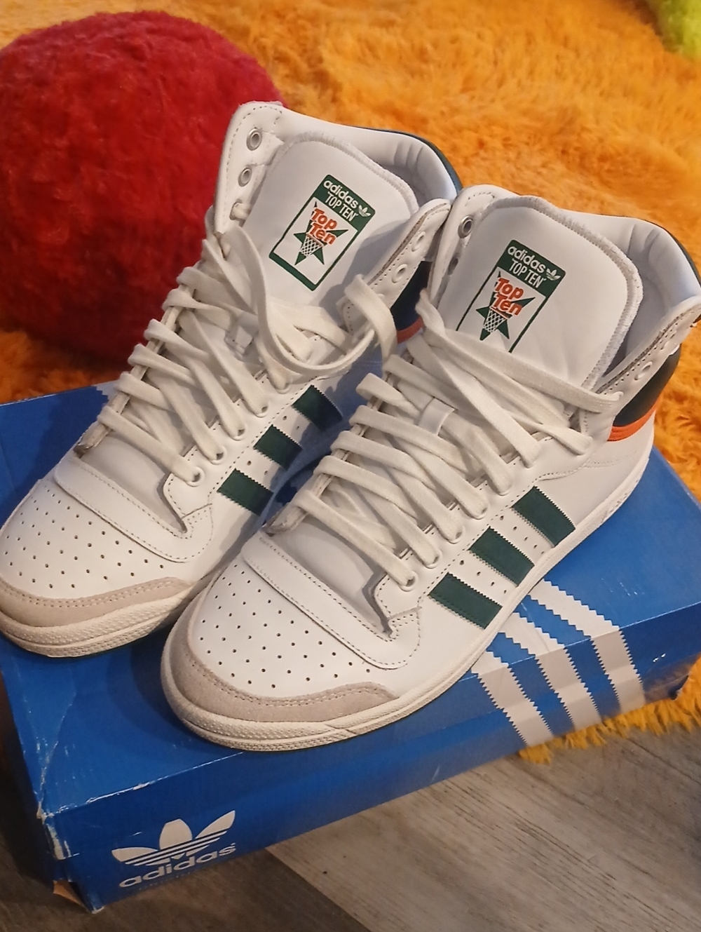 Adidas Men’s White Top Ten High-Top Sneakers with Green Stripes